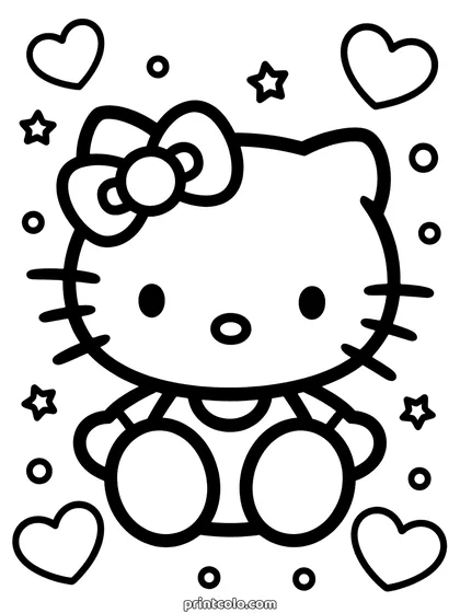 Baby Hello Kitty coloring page: a little Hello Kitty sitting up in a romper with hearts and stars around her