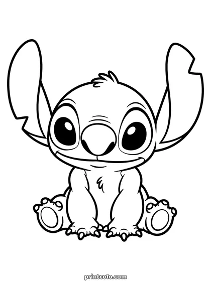 Baby Stitch coloring page: a small Stitch sitting on the floor with his ears up and his paws out