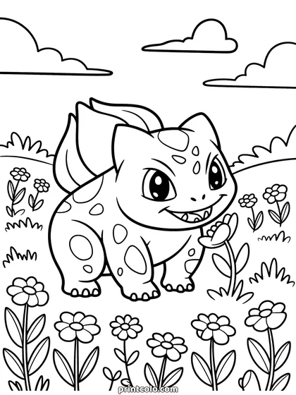 Bulbasaur coloring page: Bulbasaur standing in a meadow full of flowers with the bulb on its back, bushes and clouds behind