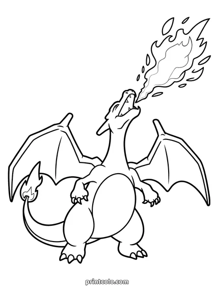 Charizard coloring page: Charizard standing with its wings spread wide, head raised and a jet of flame roaring up from its mouth