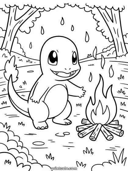 Charmander coloring page: Charmander standing next to a campfire in the woods with its tail flame lit, trees and falling leaves around