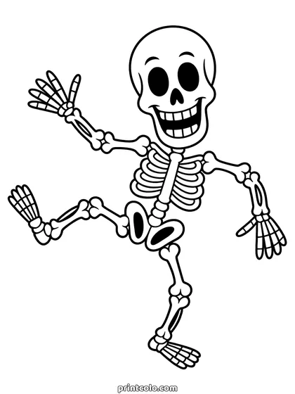 Skeleton coloring page: a full skeleton mid-dance with one leg kicked up, both arms out and a wide grin