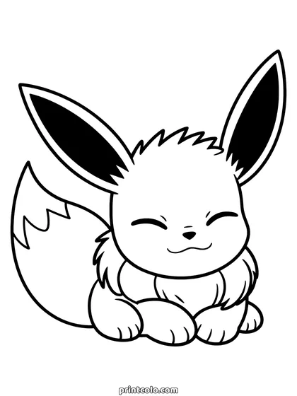 Eevee coloring page: Eevee curled up asleep with closed eyes, a fluffy collar of fur and its bushy tail wrapped around its body