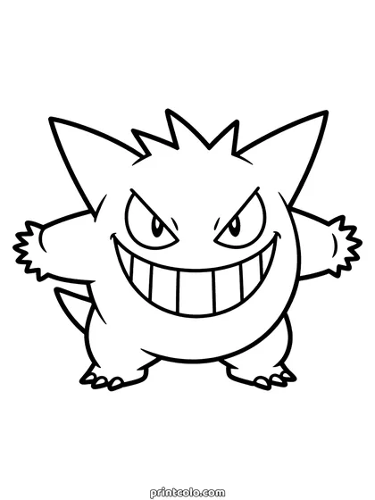 Gengar coloring page: Gengar facing forward with narrowed eyes, a huge toothy grin and its short arms out, nothing else on the page