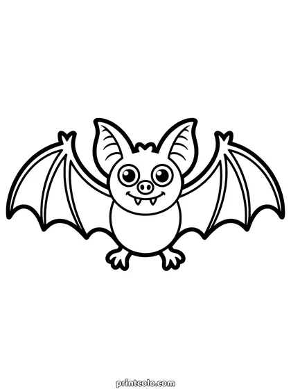 Halloween bat coloring page: a small bat facing forward with its wings spread wide, big round eyes and two small fangs