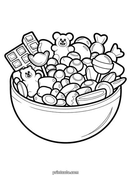 Halloween candy coloring page: a round bowl heaped with wrapped sweets, a lollipop, a chocolate bar and a gummy bear