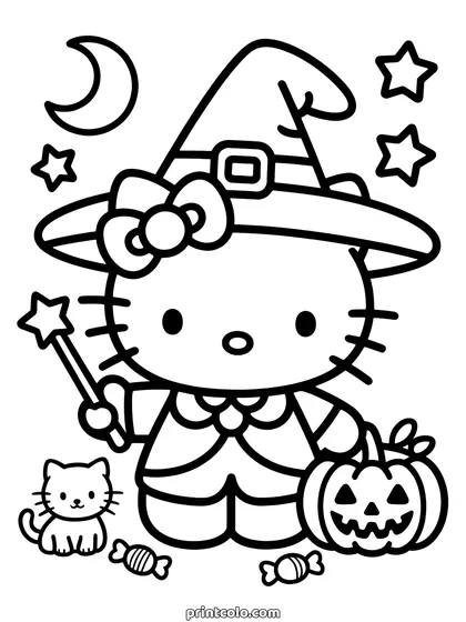 Halloween Hello Kitty coloring page: Hello Kitty in a witch hat holding a star wand, with a jack-o'-lantern and a small cat
