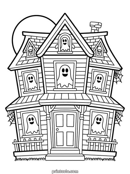 Haunted house coloring page: a tall old mansion with a ghost in every window, a full moon behind the roof and a fence in front