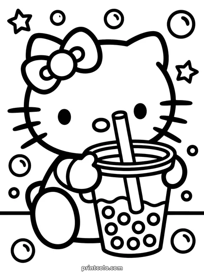 Hello Kitty boba coloring page: Hello Kitty sitting with a cup of bubble tea, straw in, tapioca pearls at the bottom