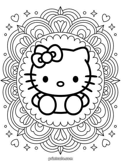 Hello Kitty mandala coloring page: Hello Kitty at the center of concentric rings of petals, hearts and scallops