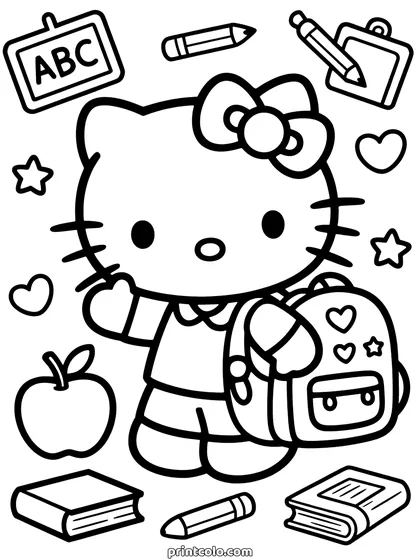 Hello Kitty school coloring page: Hello Kitty waving with a backpack, surrounded by an ABC board, pencils, books and an apple