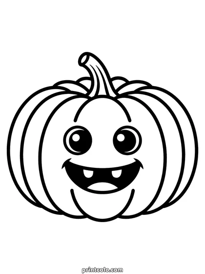 Jack-o-lantern coloring page: a carved pumpkin with two round eyes, a big toothy grin and a curly stem