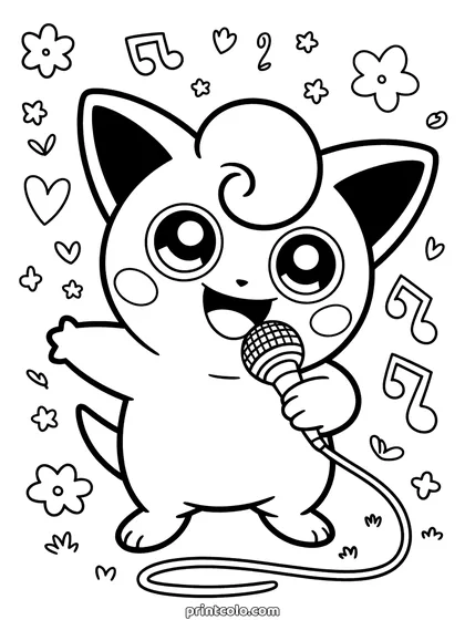Jigglypuff coloring page: Jigglypuff holding a microphone and singing, with big round eyes, a curl of hair and music notes and hearts floating around