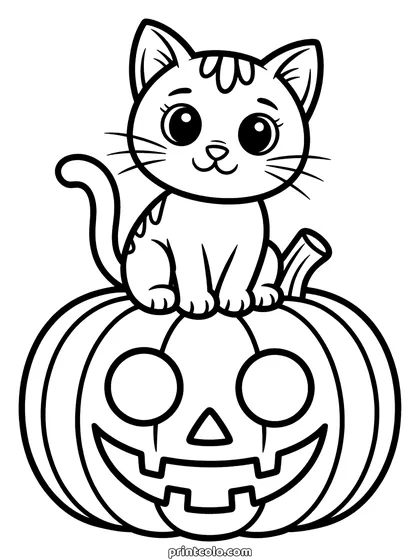 Halloween cat coloring page: a small kitten sitting on top of a carved jack-o-lantern with triangle eyes and a toothy grin