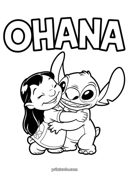 Lilo and Stitch coloring page: Lilo hugging Stitch tightly under the word Ohana in big letters