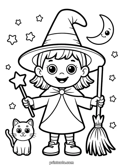 Little witch coloring page: a girl in a tall witch hat and cape holding a star wand and a broom, with a small cat at her feet and a crescent moon above