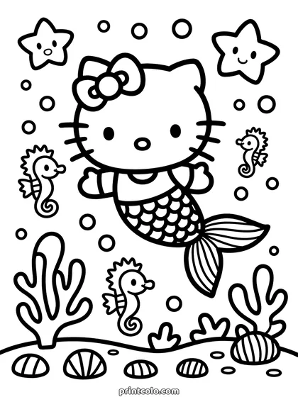 Mermaid Hello Kitty coloring page: Hello Kitty with a mermaid tail swimming among seahorses, starfish, coral and shells