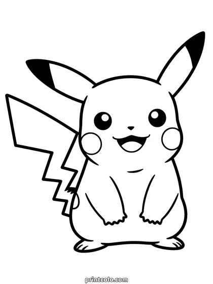 Pikachu coloring page: Pikachu standing and waving with a big open smile, long ears up and lightning tail out, nothing else on the page