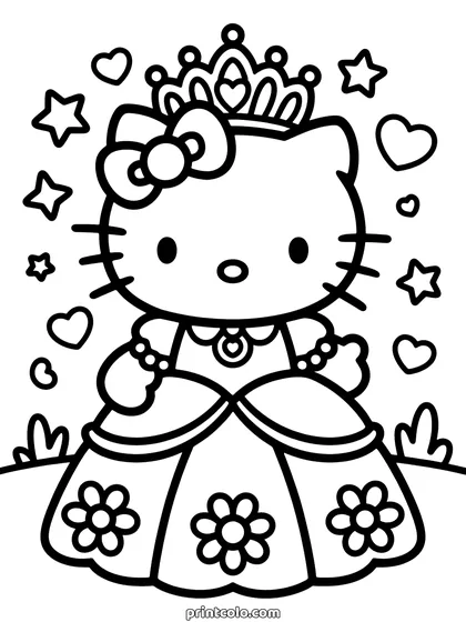 Princess Hello Kitty coloring page: Hello Kitty wearing a tiara and a wide ball gown with flowers on the skirt