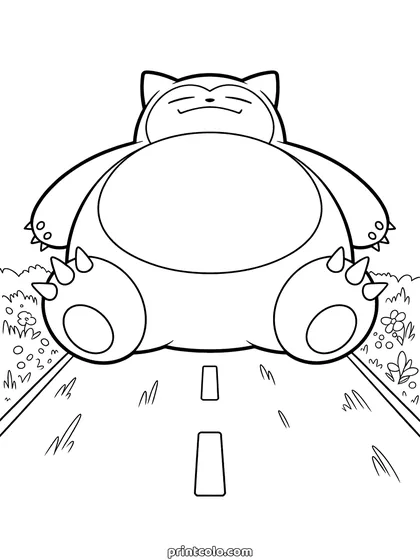 Snorlax coloring page: Snorlax lying asleep across a road and blocking it completely, with bushes on both sides