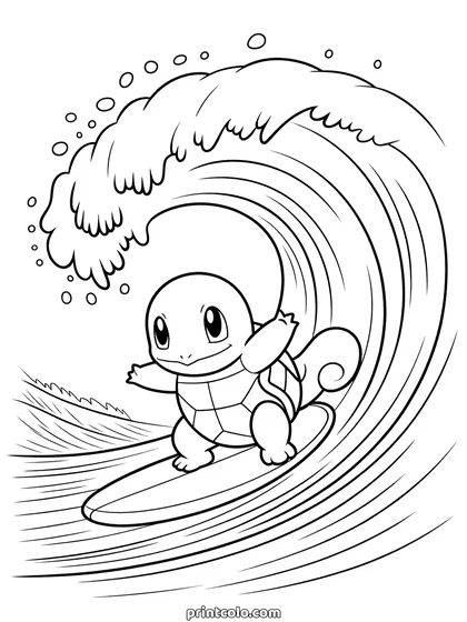 Squirtle coloring page: Squirtle standing on a surfboard riding the curl of a big wave, with spray flying above