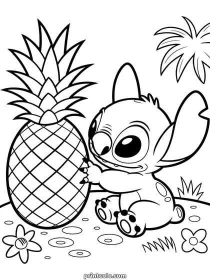Stitch with a pineapple coloring page: Stitch hugging a pineapple taller than himself, palm leaves and flowers around