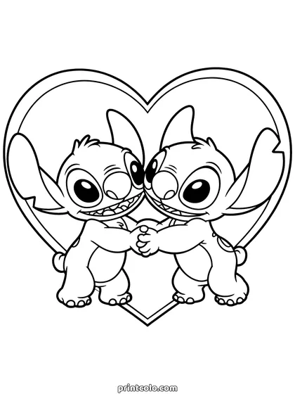 Stitch and Angel coloring page: Stitch and Angel holding paws inside a large heart outline