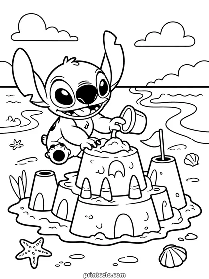 Stitch at the beach coloring page: Stitch pouring sand from a bucket onto a sandcastle, waves and clouds behind