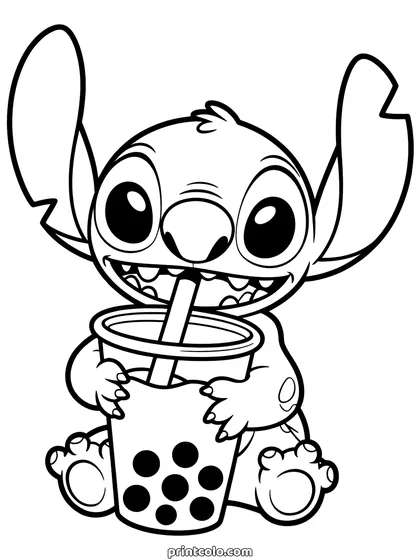 Stitch drinking boba coloring page: Stitch holding a cup of bubble tea with both paws, straw in his mouth, pearls at the bottom