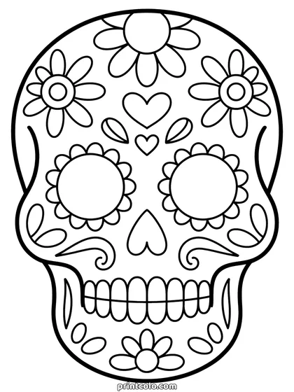 Sugar skull coloring page: a skull decorated with flowers, petals around the eye sockets, a heart on the forehead and patterns on the teeth