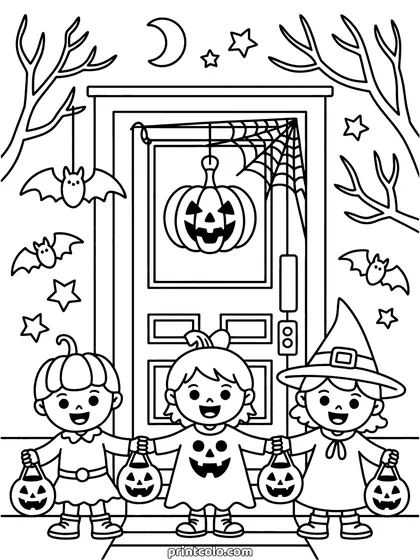 Trick or treat coloring page: three kids in costume standing at a front door decorated with a jack-o-lantern, holding candy buckets, with bats, a cobweb and a moon above