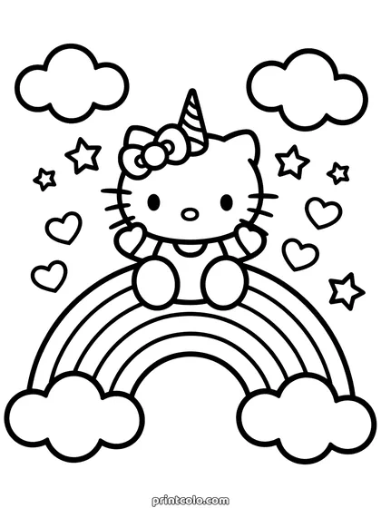 Unicorn Hello Kitty coloring page: Hello Kitty with a unicorn horn sitting on a rainbow between two clouds
