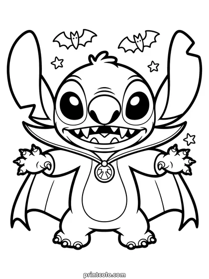 Halloween Stitch coloring page: Stitch in a vampire cape and collar with fangs showing, bats flying above